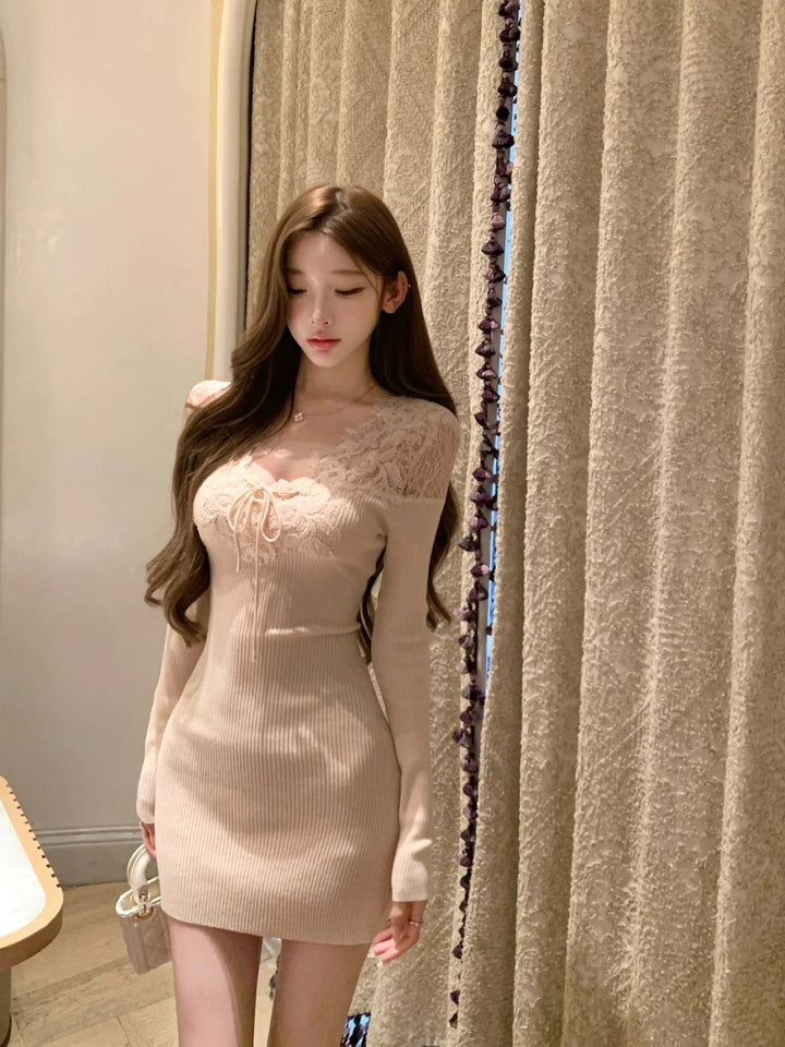 【dress】レースドッキングニットワンピース Q9233