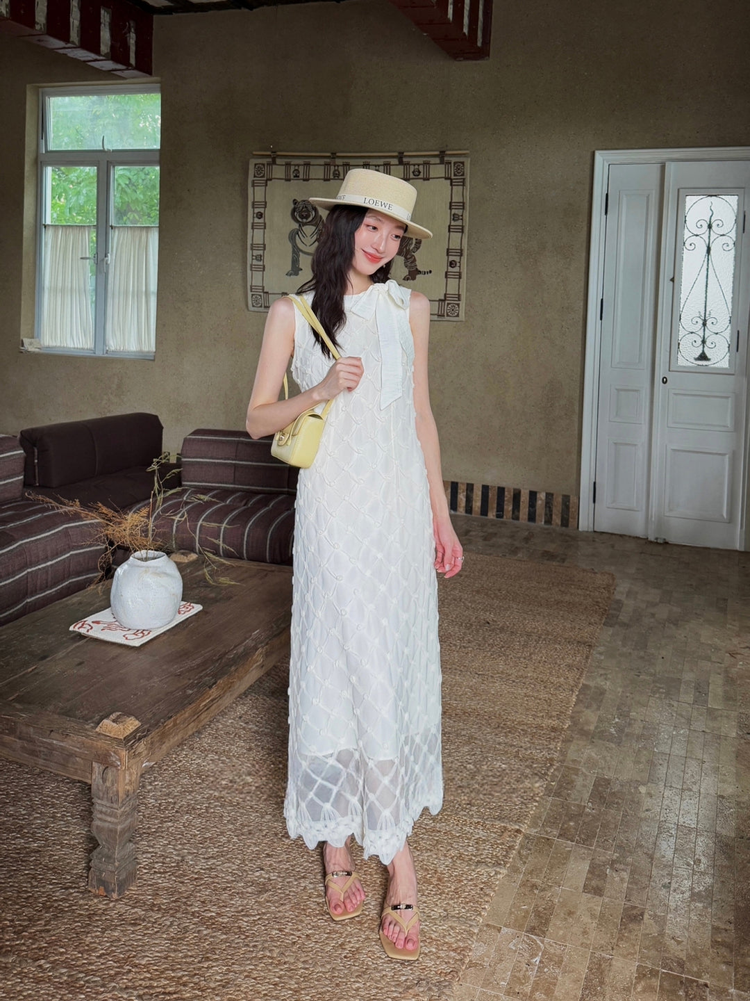 【dress】ノースリーブリボン付きロングワンピース Q8679
