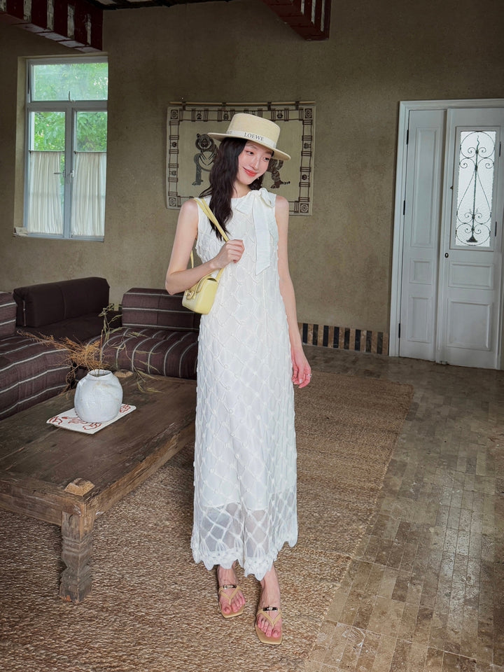 【dress】ノースリーブリボン付きロングワンピース Q8679