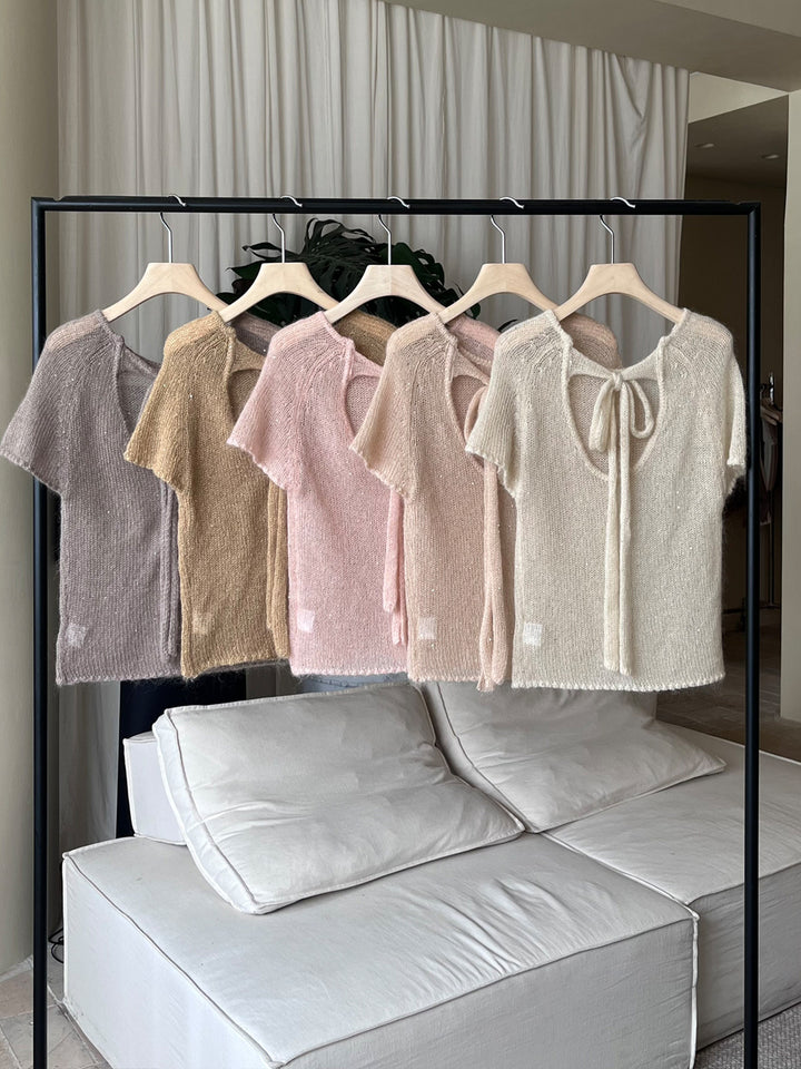 【tops】バックリボン半袖ニットトップス Q8979
