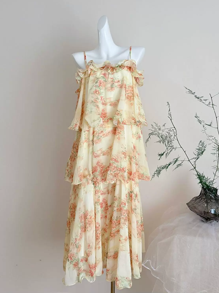 【dress】フラワー柄ギャザーフリルロングキャミワンピース Q8552