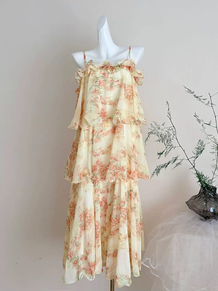 【dress】フラワー柄ギャザーフリルロングキャミワンピース Q8552