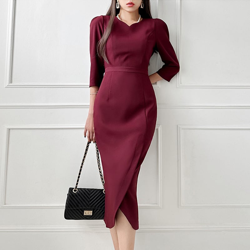 【dress】OL、通勤7分袖スリットデートワンピース　M17727