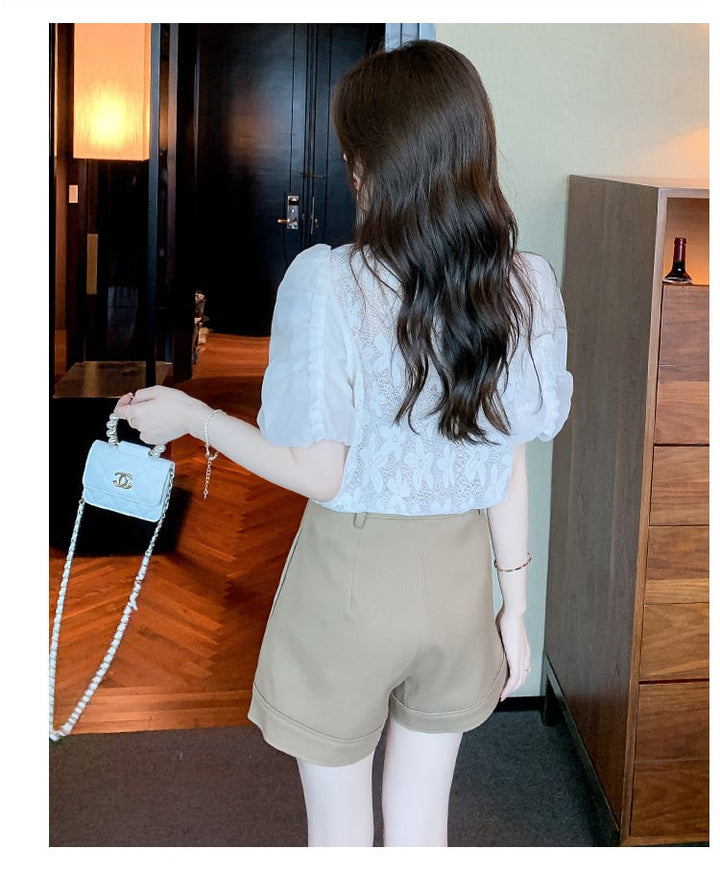 【tops】パフスリーブジャカードカットワークトップス　M17126