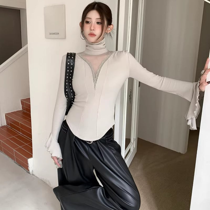 【tops】ハイネックチュールドッキングトップス Q8054
