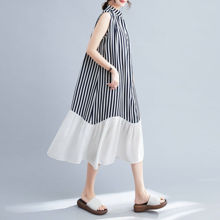 【dress】韓国系ストライプ柄ノースリーブワンピース　M16946