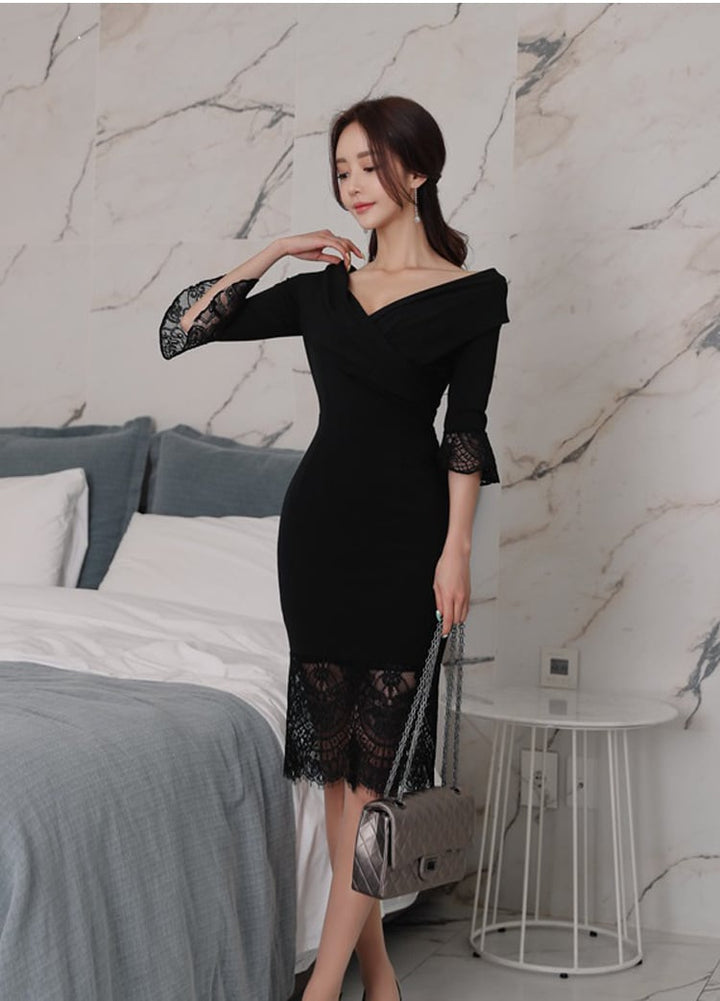 【dress】美人度アップVネックレース切り替えワンピース　M17427