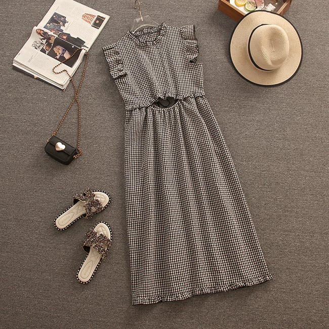 【dress】カットワークノースリーブチェック柄ワンピース　M16755