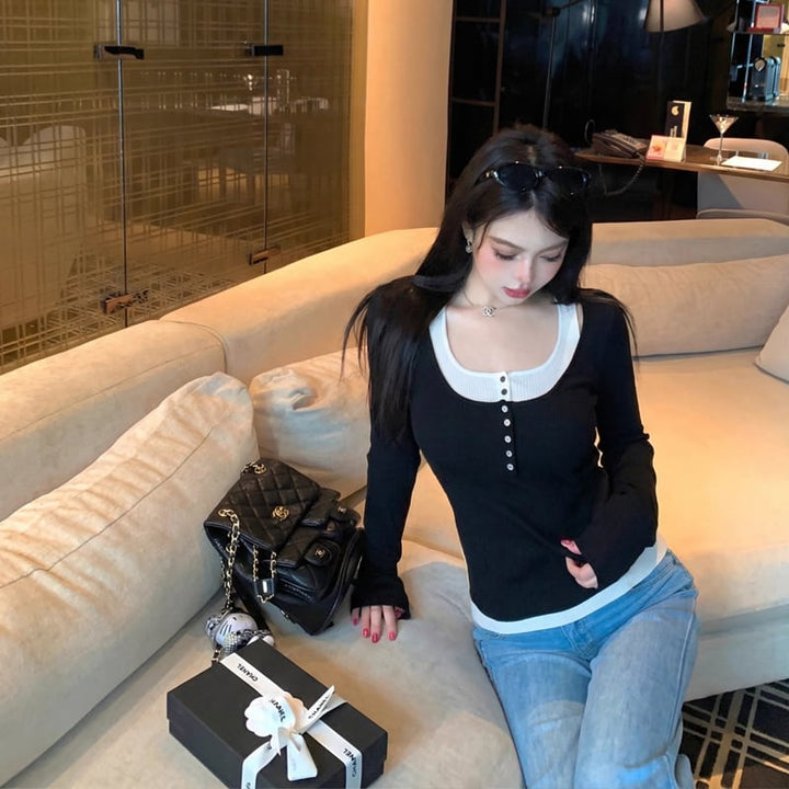 【tops】フェイクレイヤードニットトップス Q8013