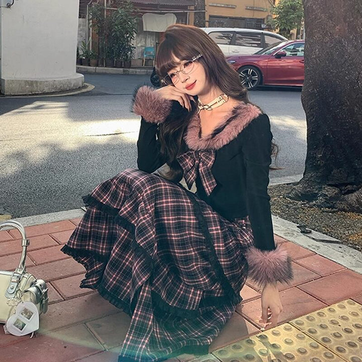 【set】リボン付きファードッキングトップス×ロングティアードスカートセット Q7623
