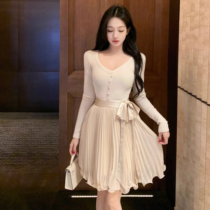 【dress】リボン付きプリーツニットワンピース Q7283