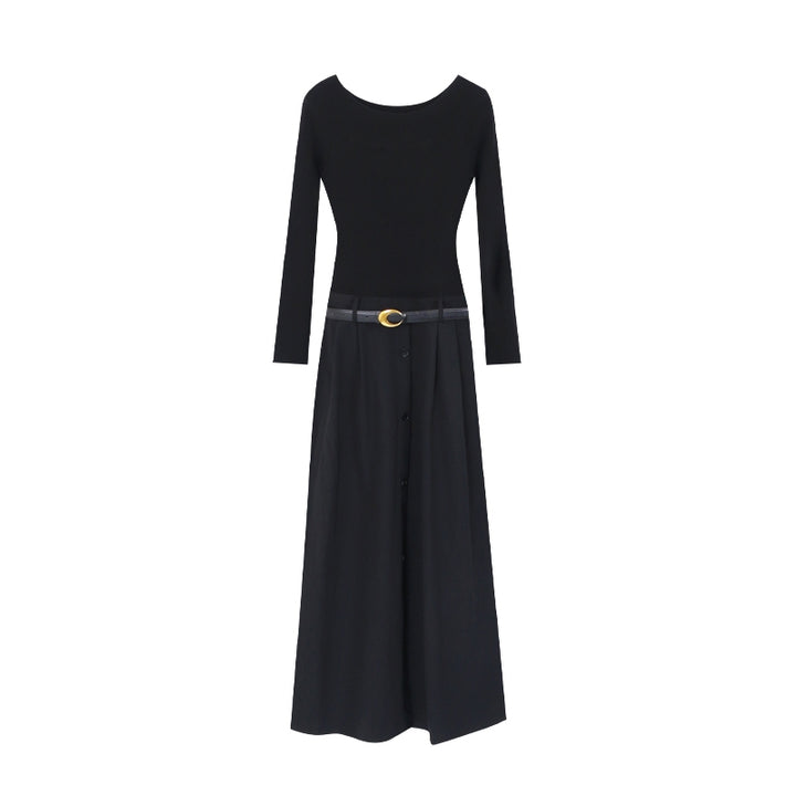 【dress】ベルト付きニットドッキングロングワンピース Q8926