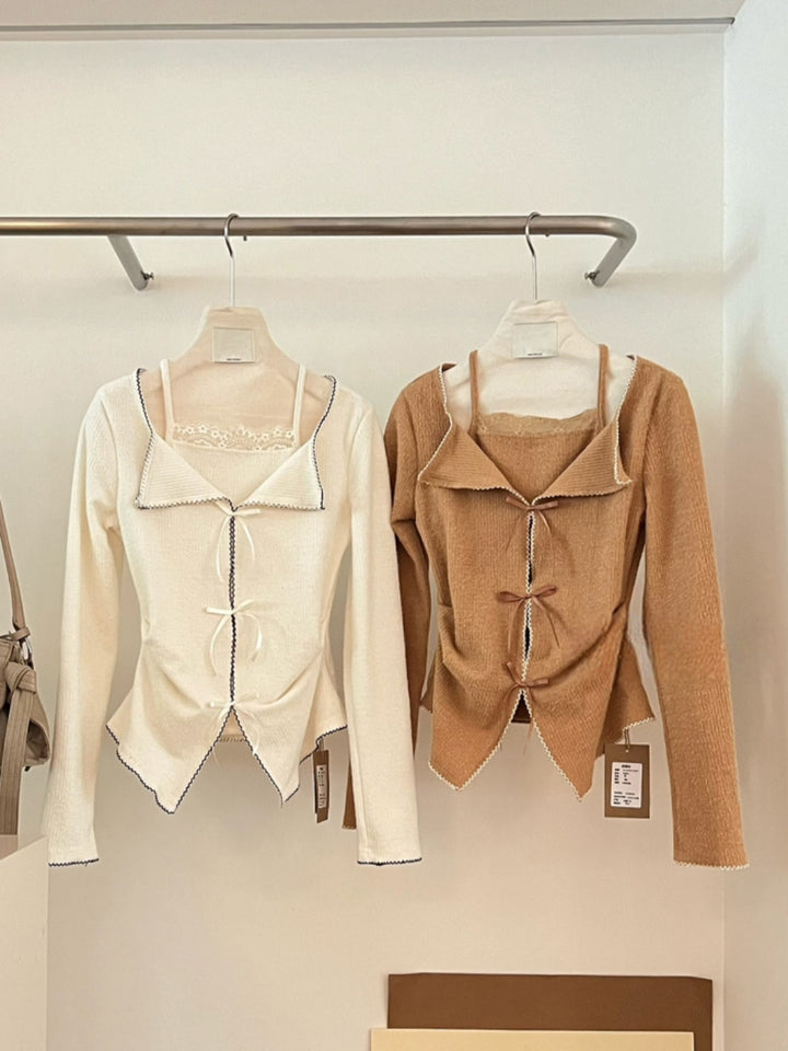【tops】リボン付きフェイクレイヤードトップス Q9292