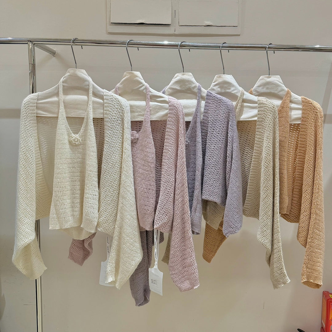 【set】立体感フラワー付きニットキャミソール×ニットカーディガンセット Q8962