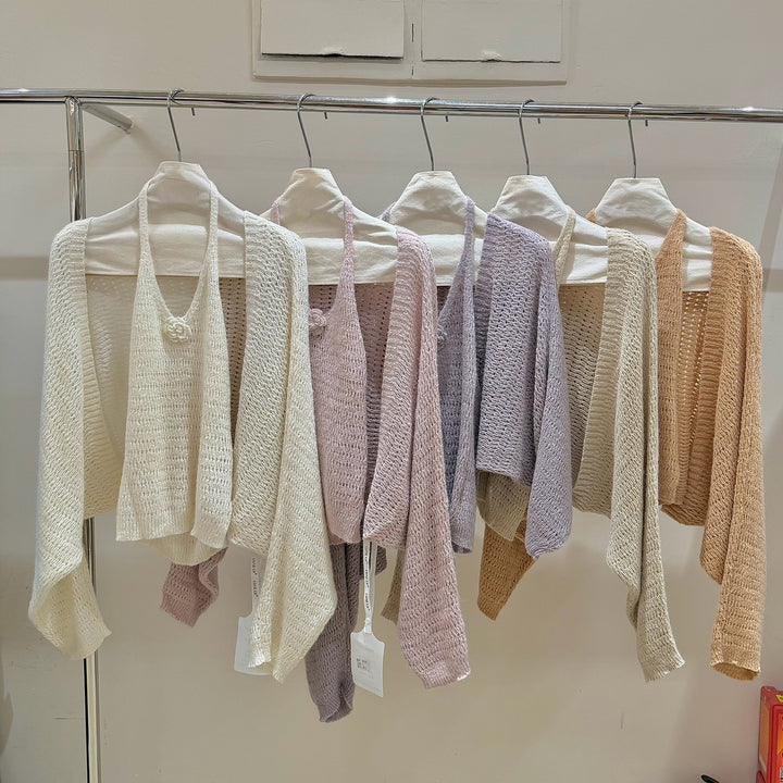 【set】立体感フラワー付きニットキャミソール×ニットカーディガンセット Q8962