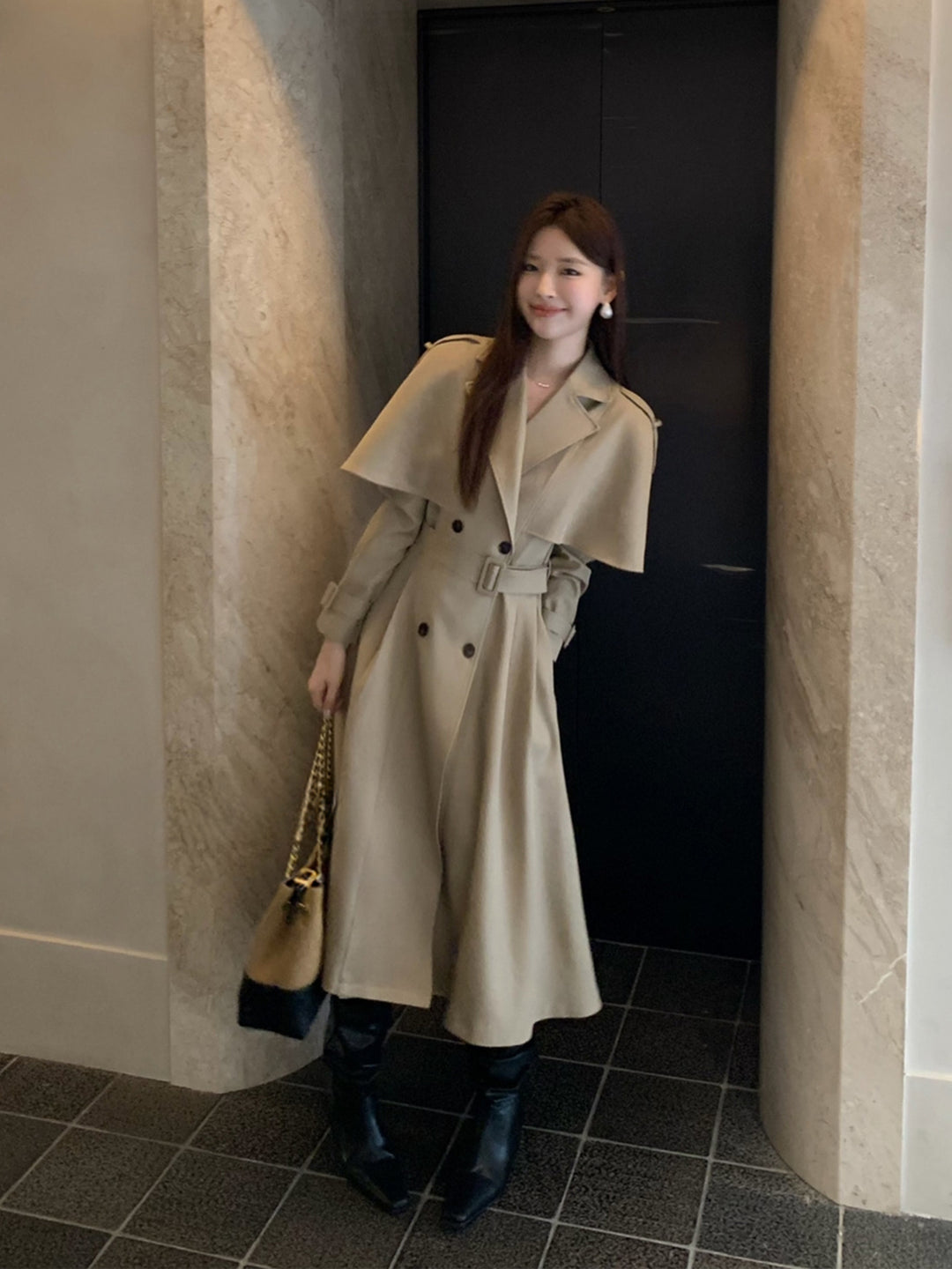 【outer】2色展開ベルト付きロングコート Q8978