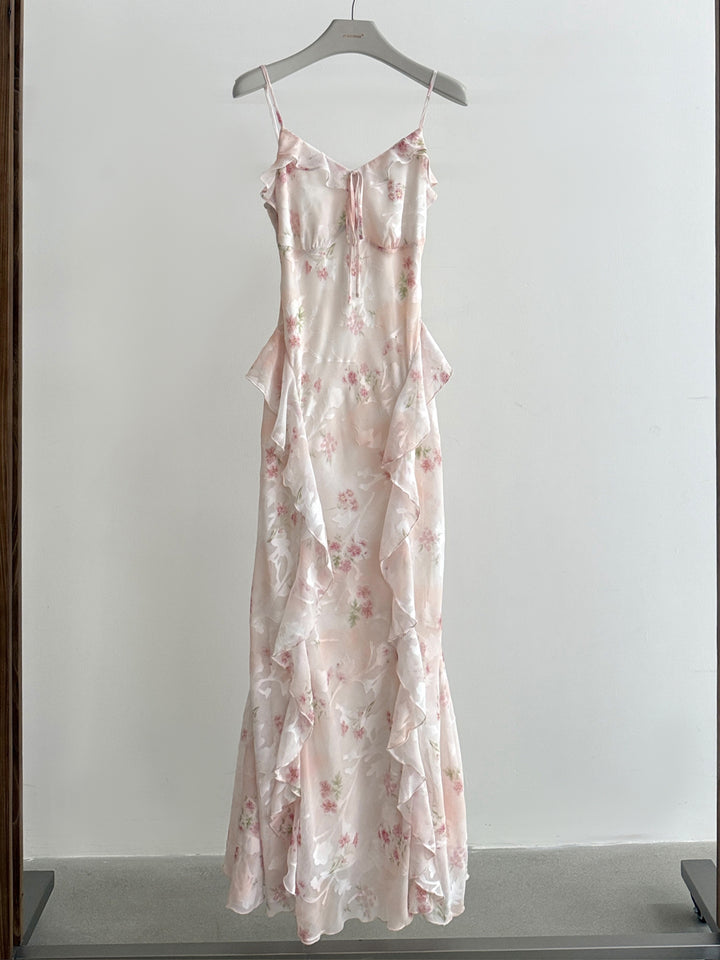 【dress】フラワー柄ギャザーフリルロングキャミワンピース Q8668