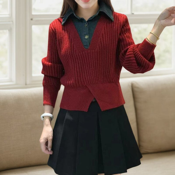 【tops】フェイクレイヤードニットトップス Q7714
