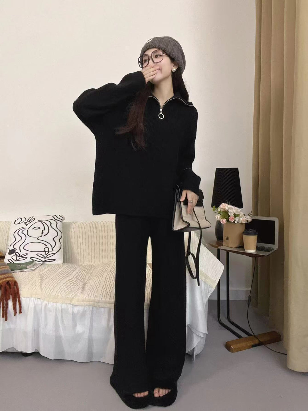 【set】ファスナーニットセーター×ワイドパンツセット　M26225