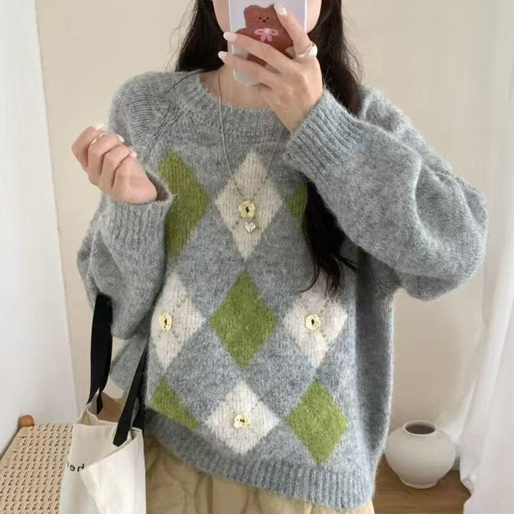 【tops】アーガイルチェックニットトップス Q7145