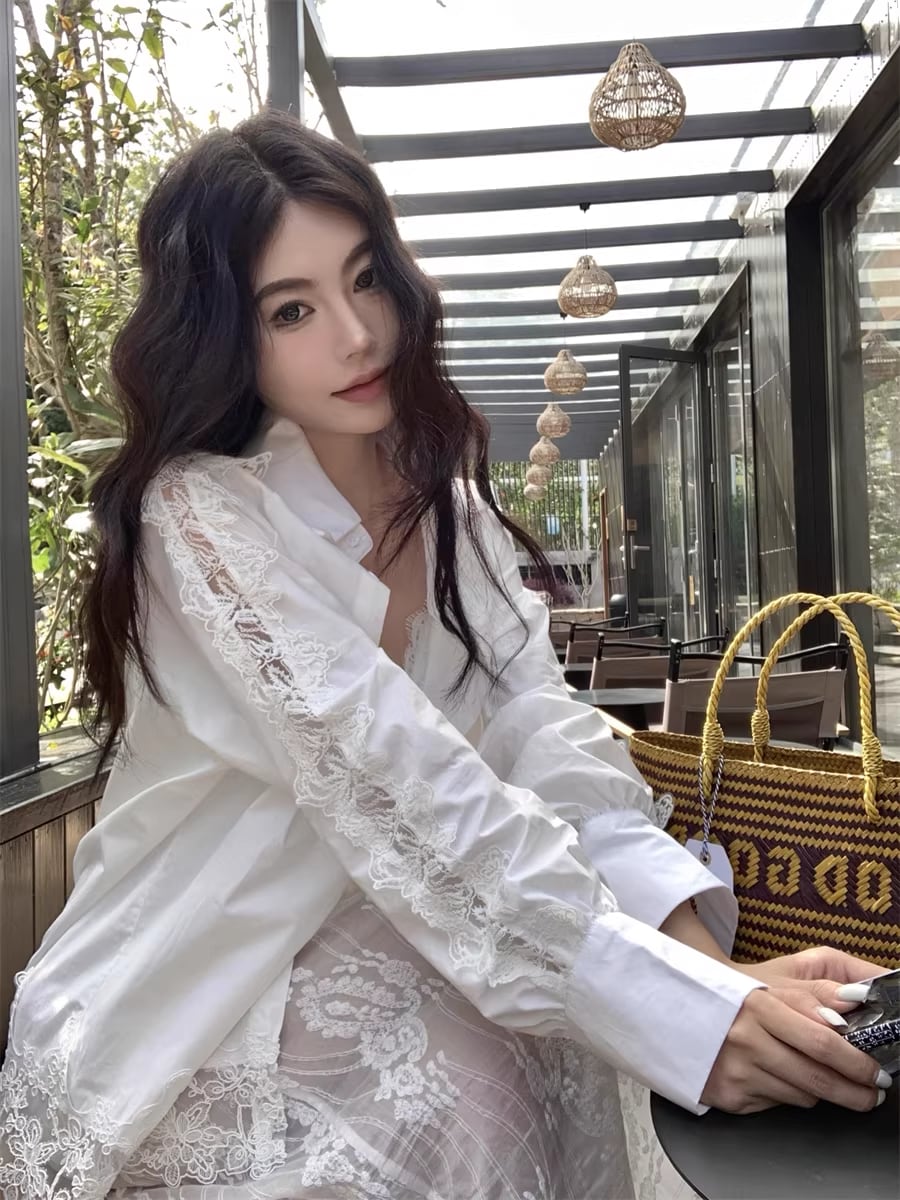 【tops】レースドッキングシャツ Q8298