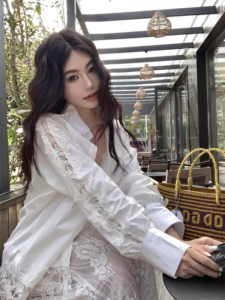 【tops】レースドッキングシャツ Q8298