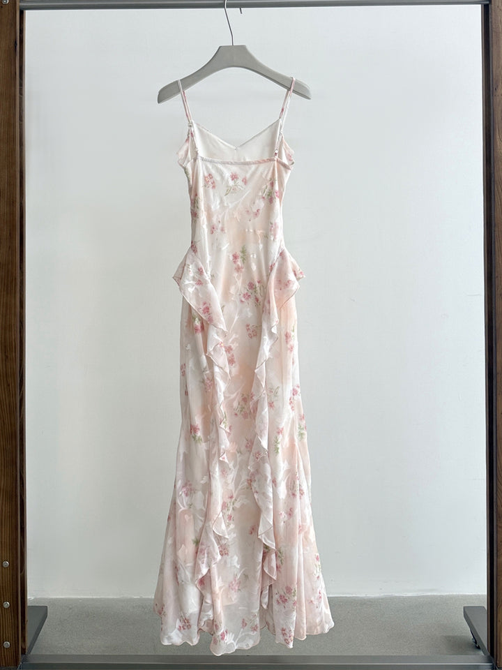 【dress】フラワー柄ギャザーフリルロングキャミワンピース Q8668