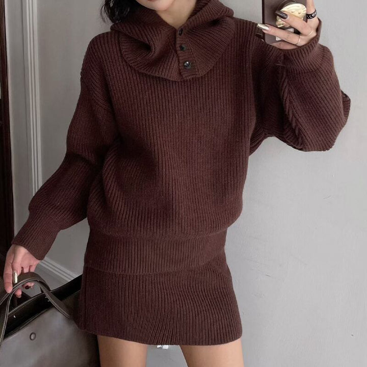 【set】ネックウォーマー×ニットトップス×ミニスカート3点セット Q7863