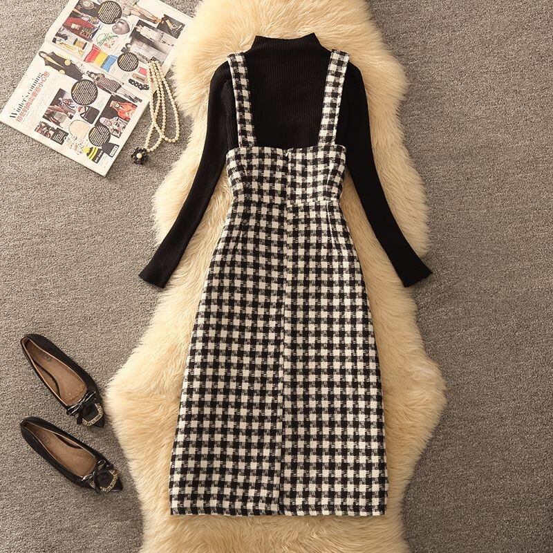 【dress】スリットチェック柄ツイードワンピース　N2263