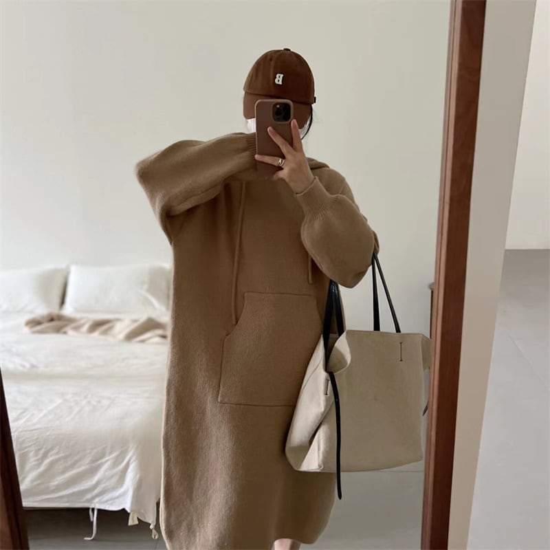 【dress】韓国系フード付きシンプルニットワンピース　M17525