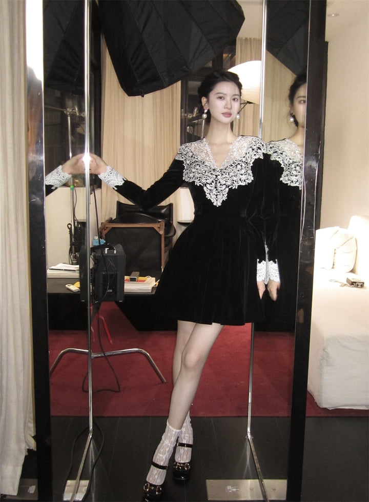 【dress】レーストリミングベロアワンピース　N3476