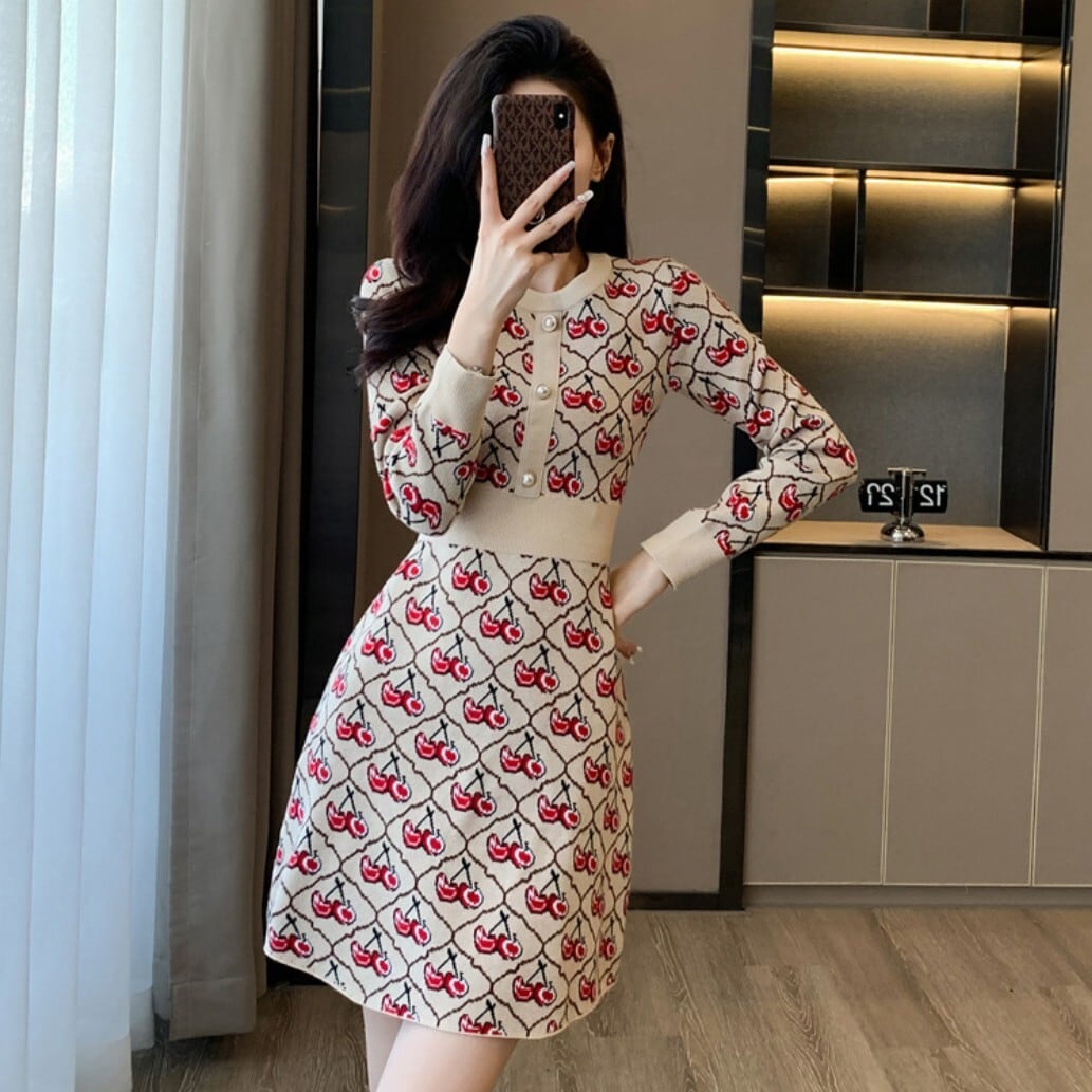 【dress】チェリー柄ニットワンピース　N2032