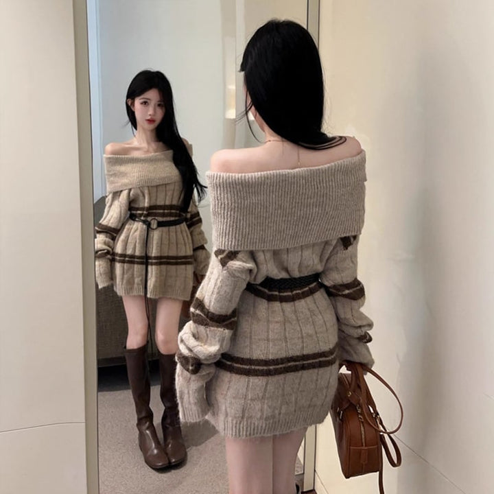 【dress】オフショルダーニットワンピース Q7110