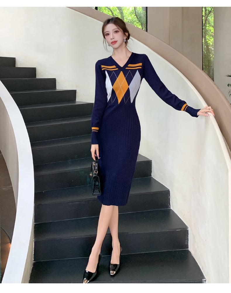 【dress】Vネックニットワンピース　M26546