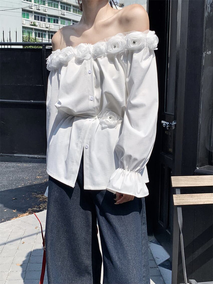 【tops】ボートネック立体フラワーシャツトップス　M29555