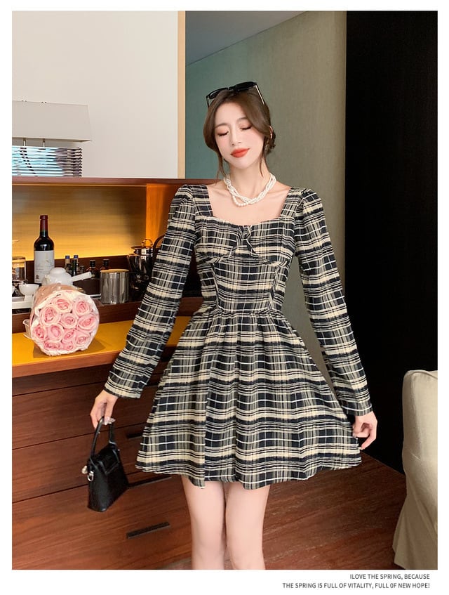 【dress】好感度UPチェック柄デートワンピースオシャレ　M17408