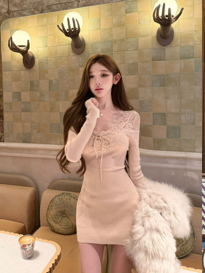 【dress】レースドッキングニットワンピース Q9233