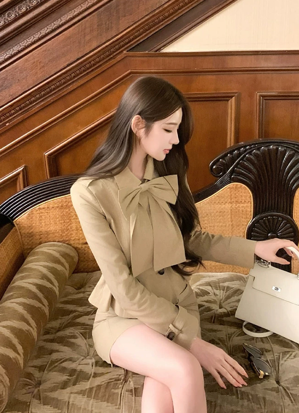 【set】リボン付きショートコート×タイトスカートセット Q9098