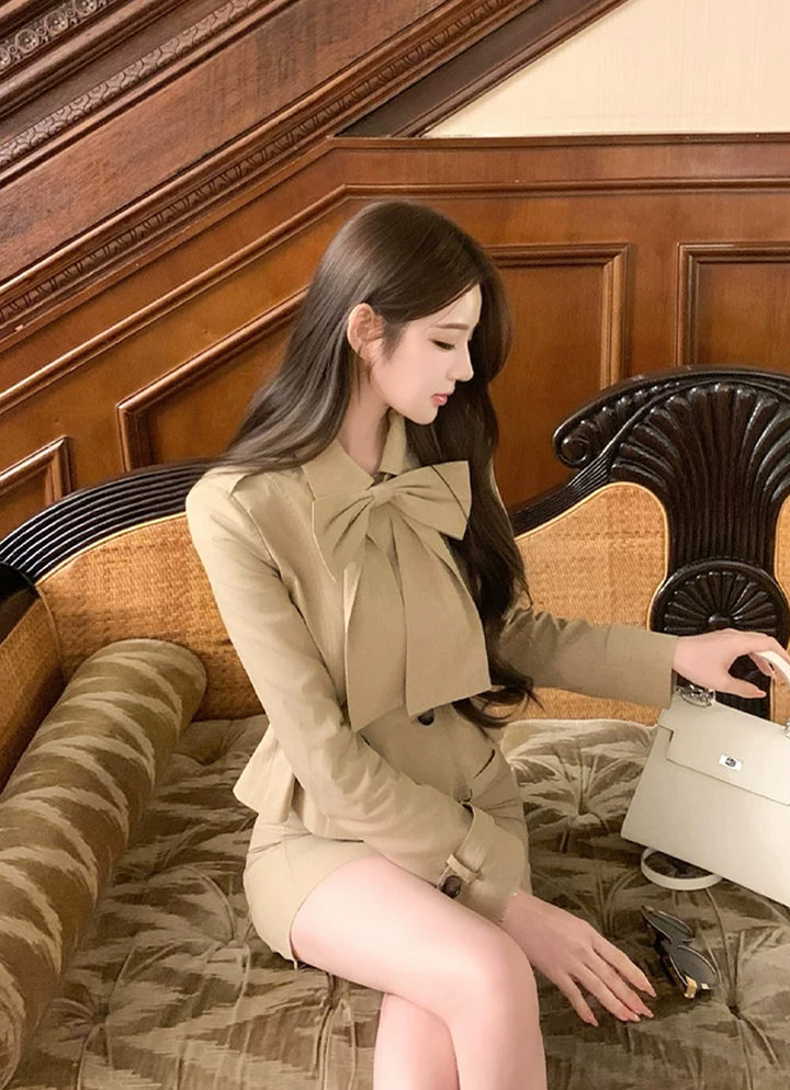 【set】リボン付きショートコート×タイトスカートセット Q9098