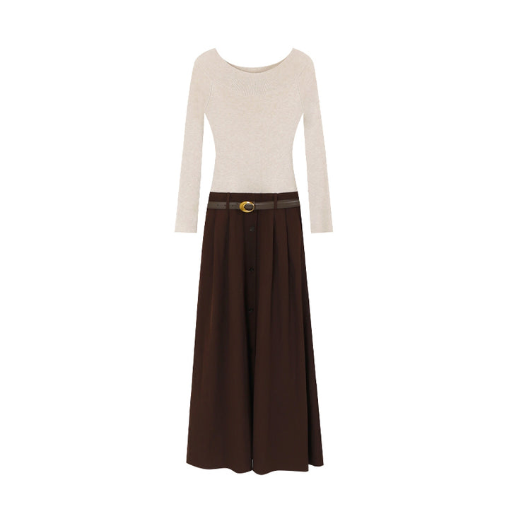 【dress】ベルト付きニットドッキングロングワンピース Q8926