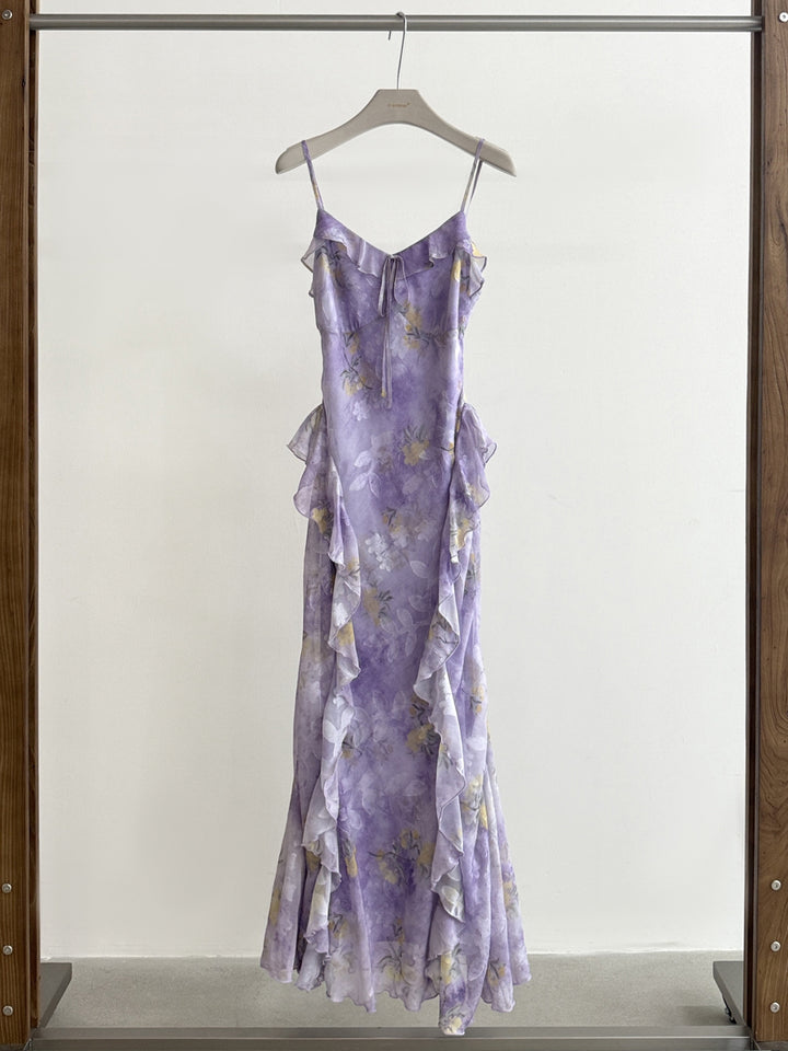 【dress】フラワー柄ギャザーフリルロングキャミワンピース Q8668