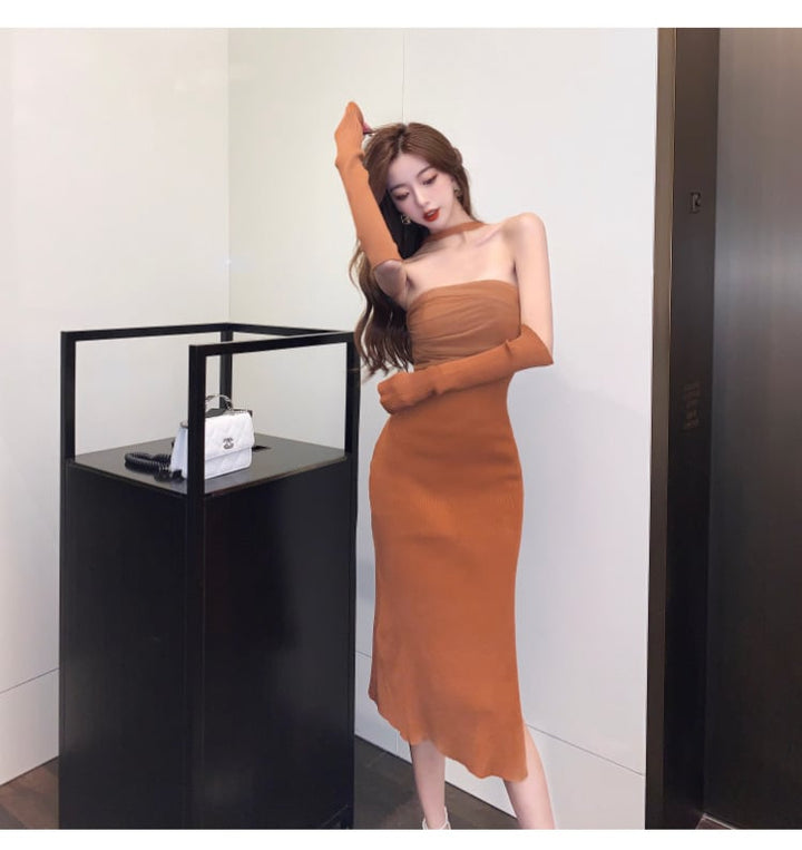 【dress】細身効果抜群♪ファッション薄手ニットワンピース　M16875