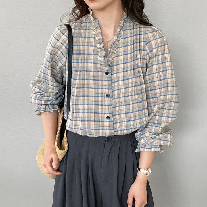 【tops】ギャザーフリル付きチェック柄トップス Q8281