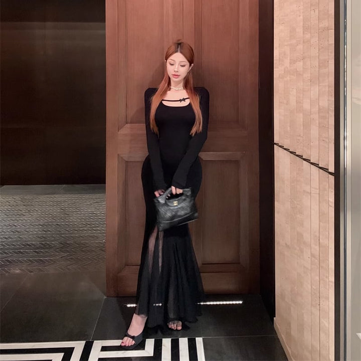 【dress】チュールドッキングロングワンピース Q7017