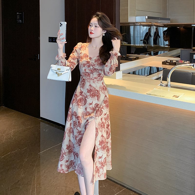 【dress】話題沸騰中 オシャレスリット花柄ワンピース　M17306