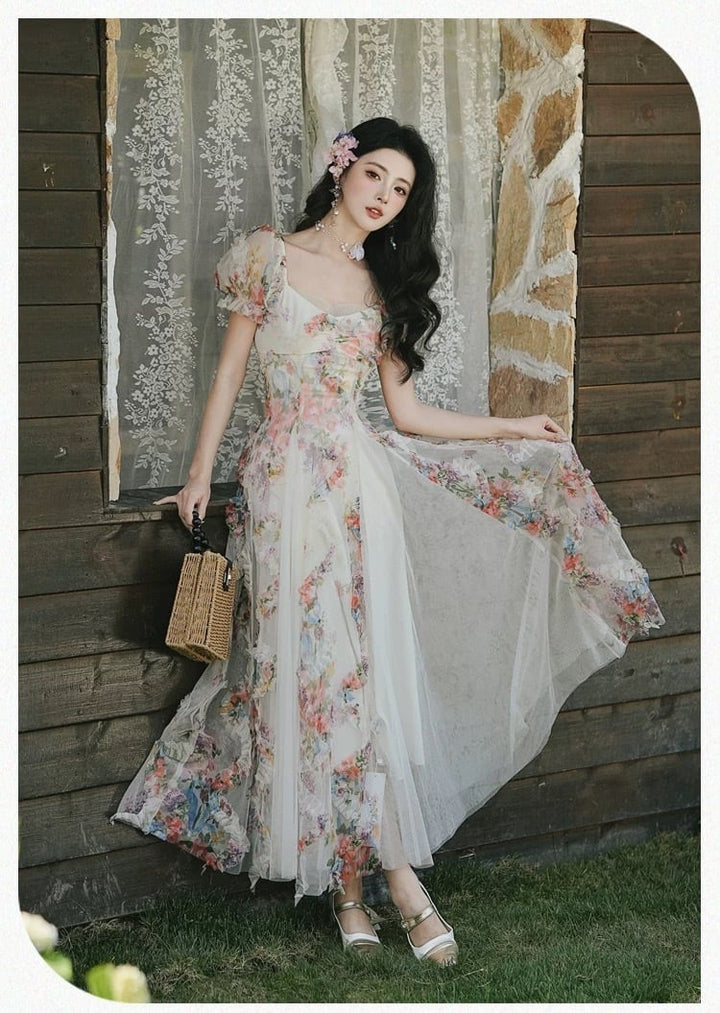 【dress】立体フラワーチュールドッキングロングワンピース　K0556