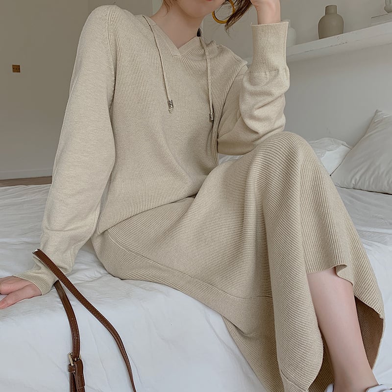 【dress】フード付きニットワンピース韓国系超人気　M17661