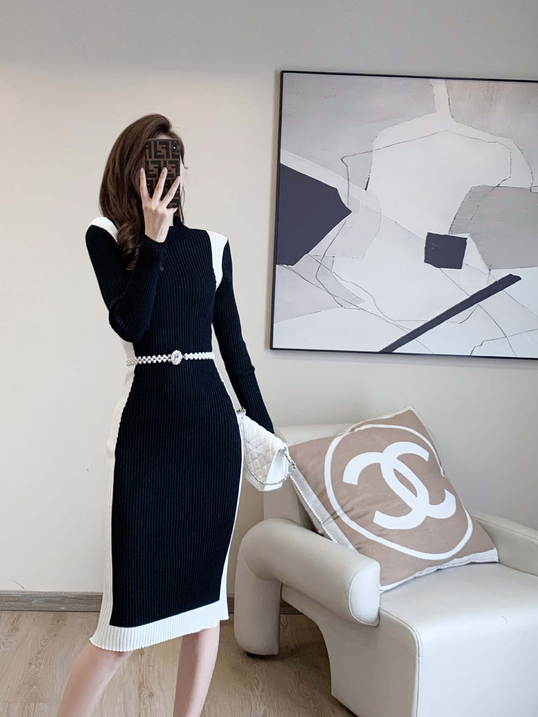 【dress】配色切り替えニットワンピースベルト付き　M17676