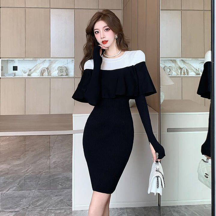 【dress】フリルドッキングニットワンピース　M18575