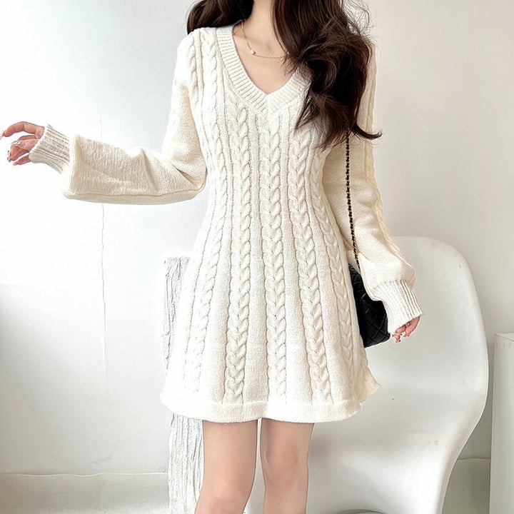 【dress】Vネック無地ニットワンピース　M17948